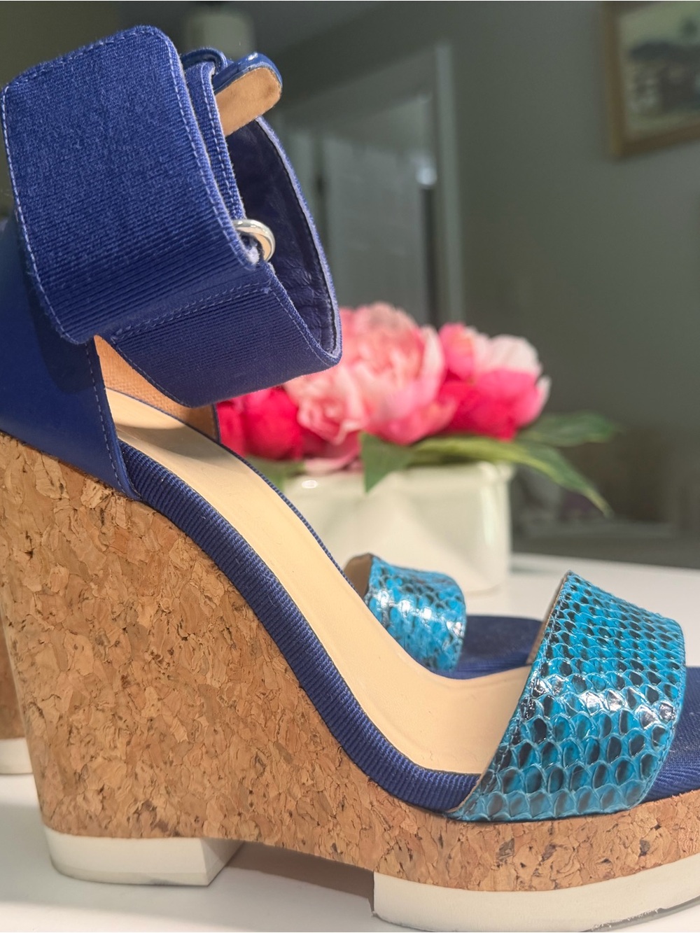 Jimmy Choo Blue and Turquoise Cork Wedge Sandals